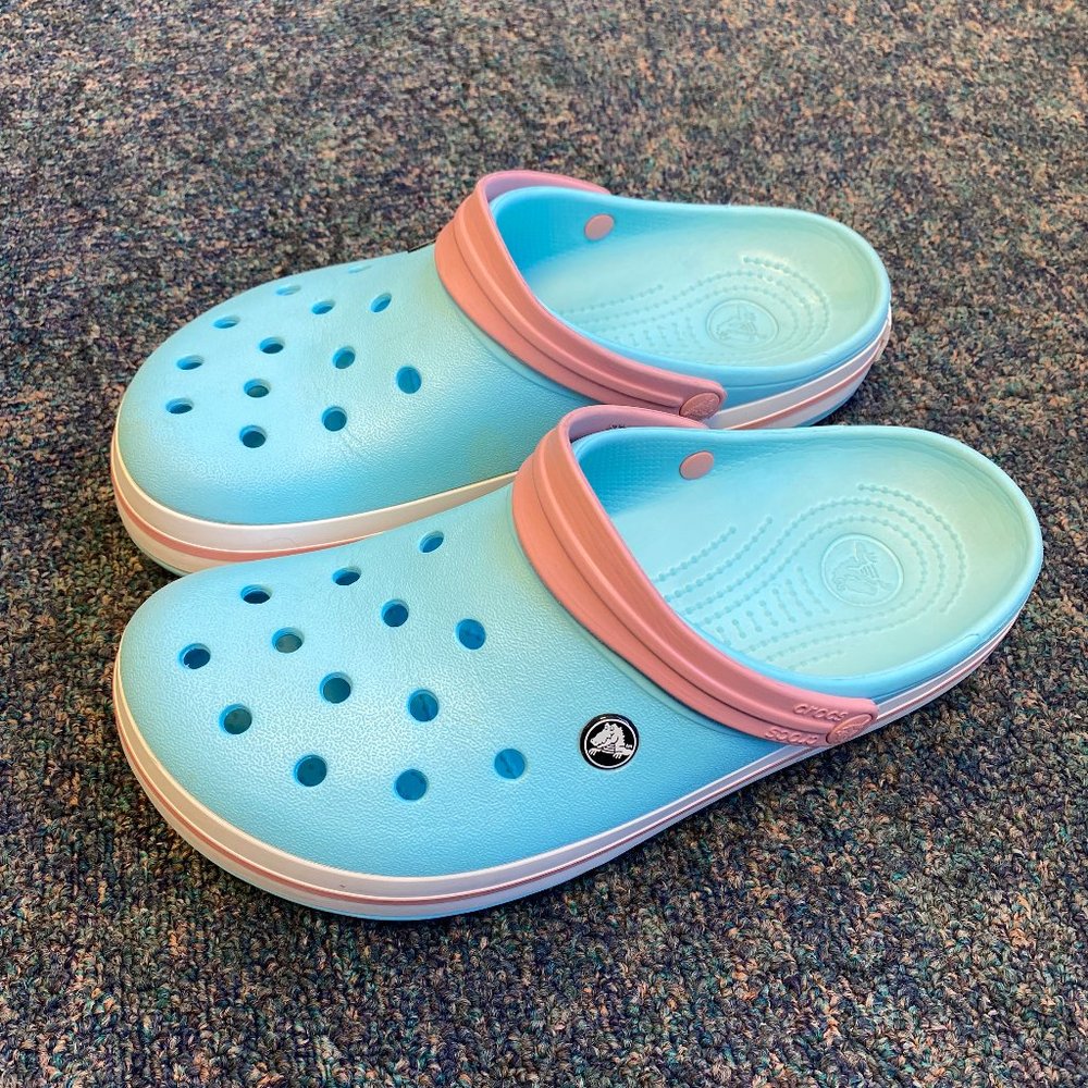Blue, Pink, and White Crocs